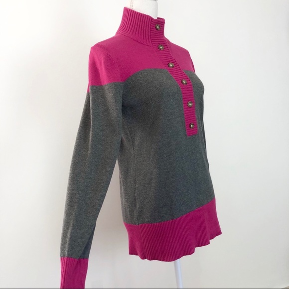 Eddie Bauer New Gray & Pink half Button Front Mock Neck Sweater - Picture 2 of 8